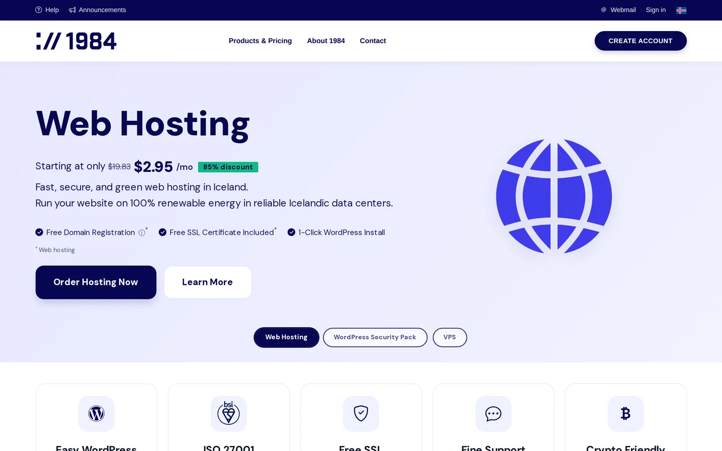 Screenshot of the 1984 Web Hosting website