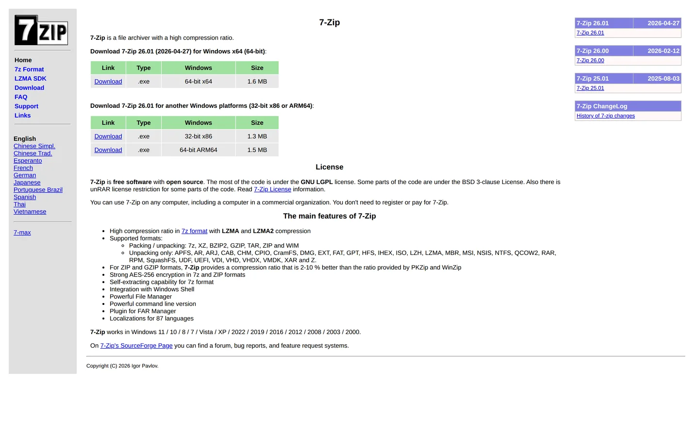 Screenshot of the 7-Zip website