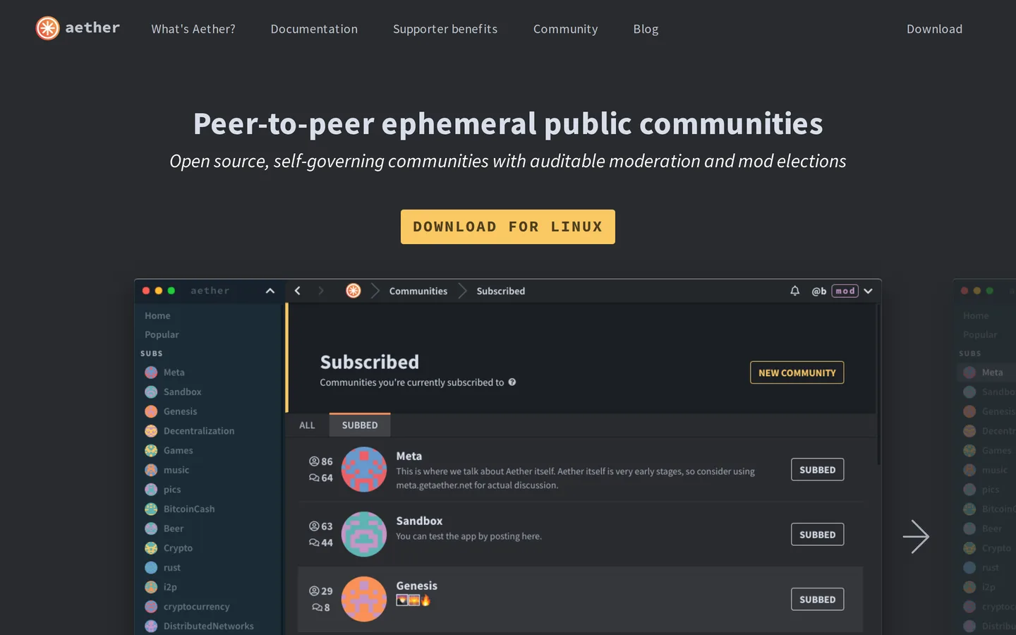 Screenshot of the Aether website