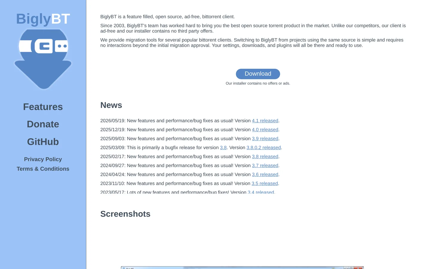 Screenshot of the BiglyBT website