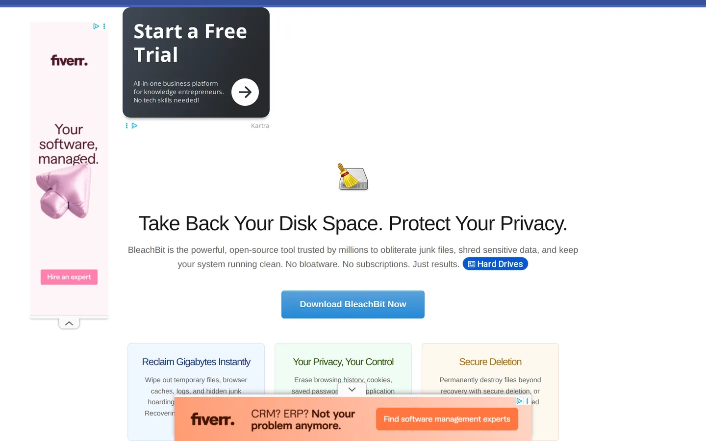 Screenshot of the BleachBit website