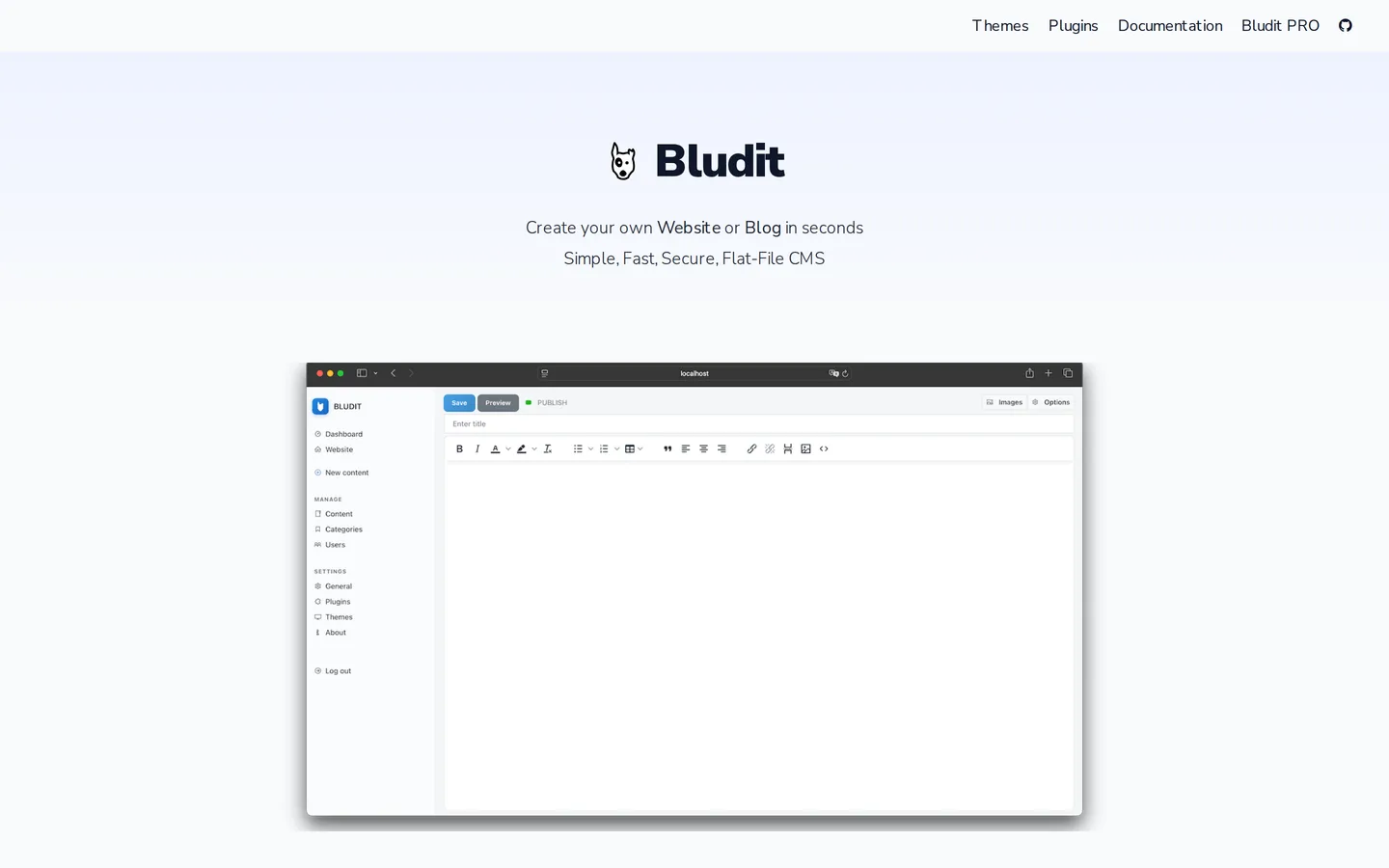 Screenshot of the Bludit website