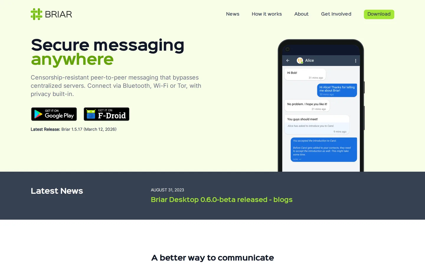 Screenshot of the Briar website