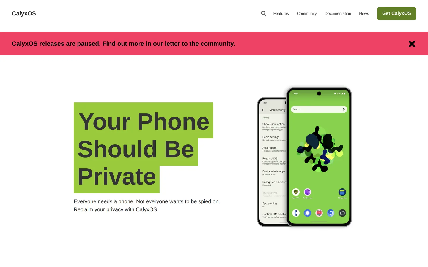 Screenshot of the CalyxOS website