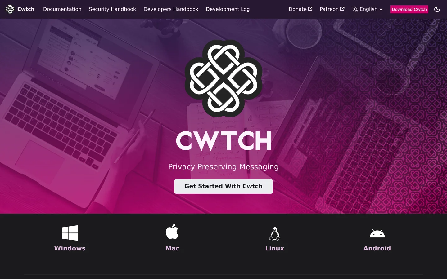 Screenshot of the Cwtch website