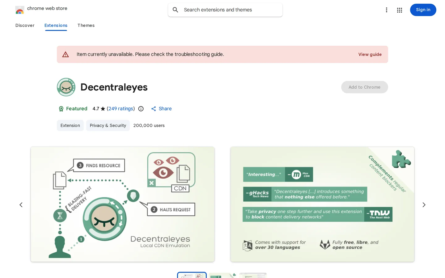 Screenshot of the Decentraleyes website
