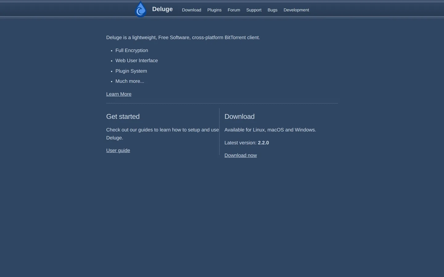 Screenshot of the Deluge website