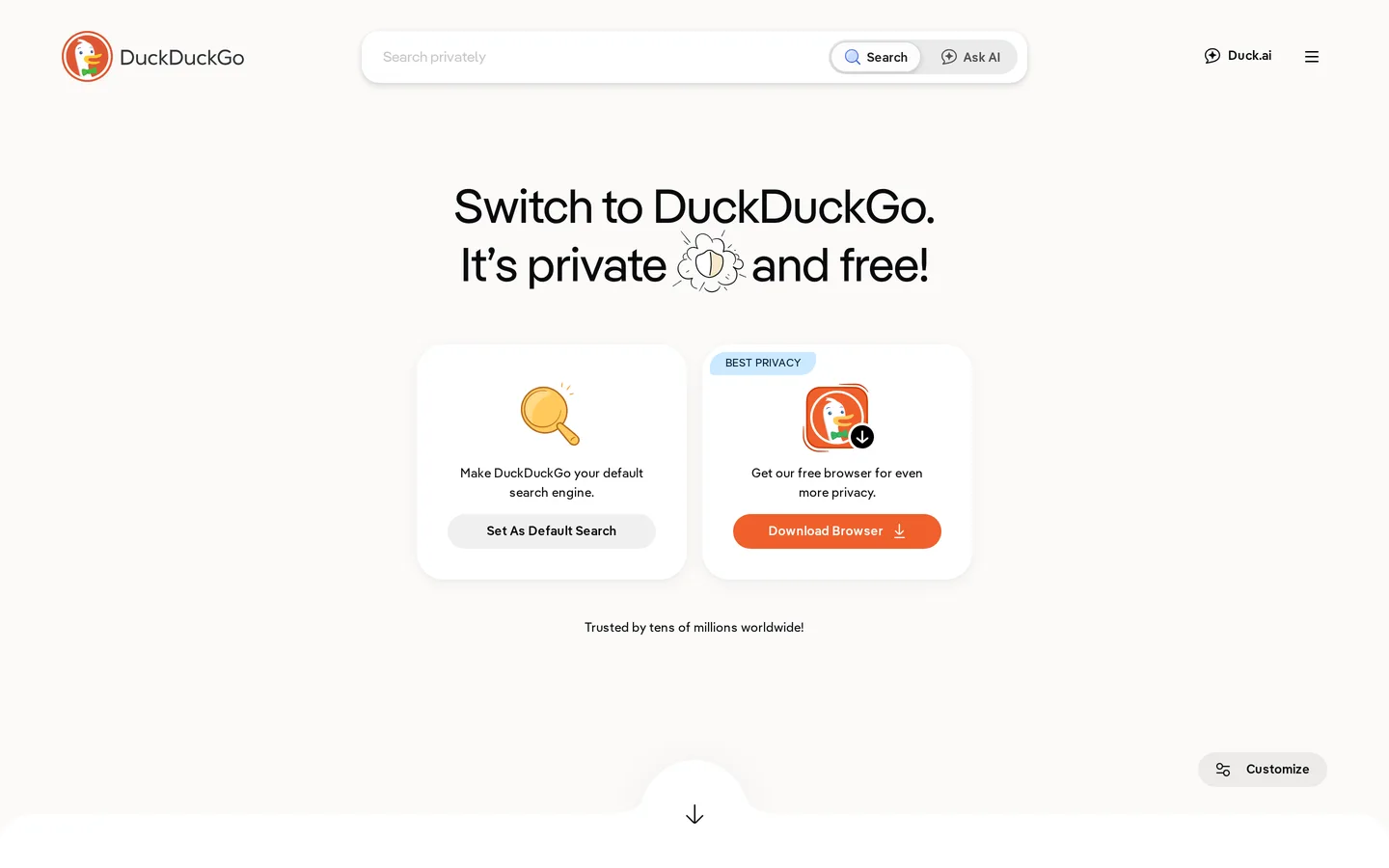 Screenshot of the DuckDuckGo website