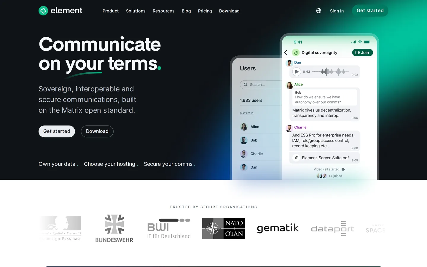 Screenshot of the Element website