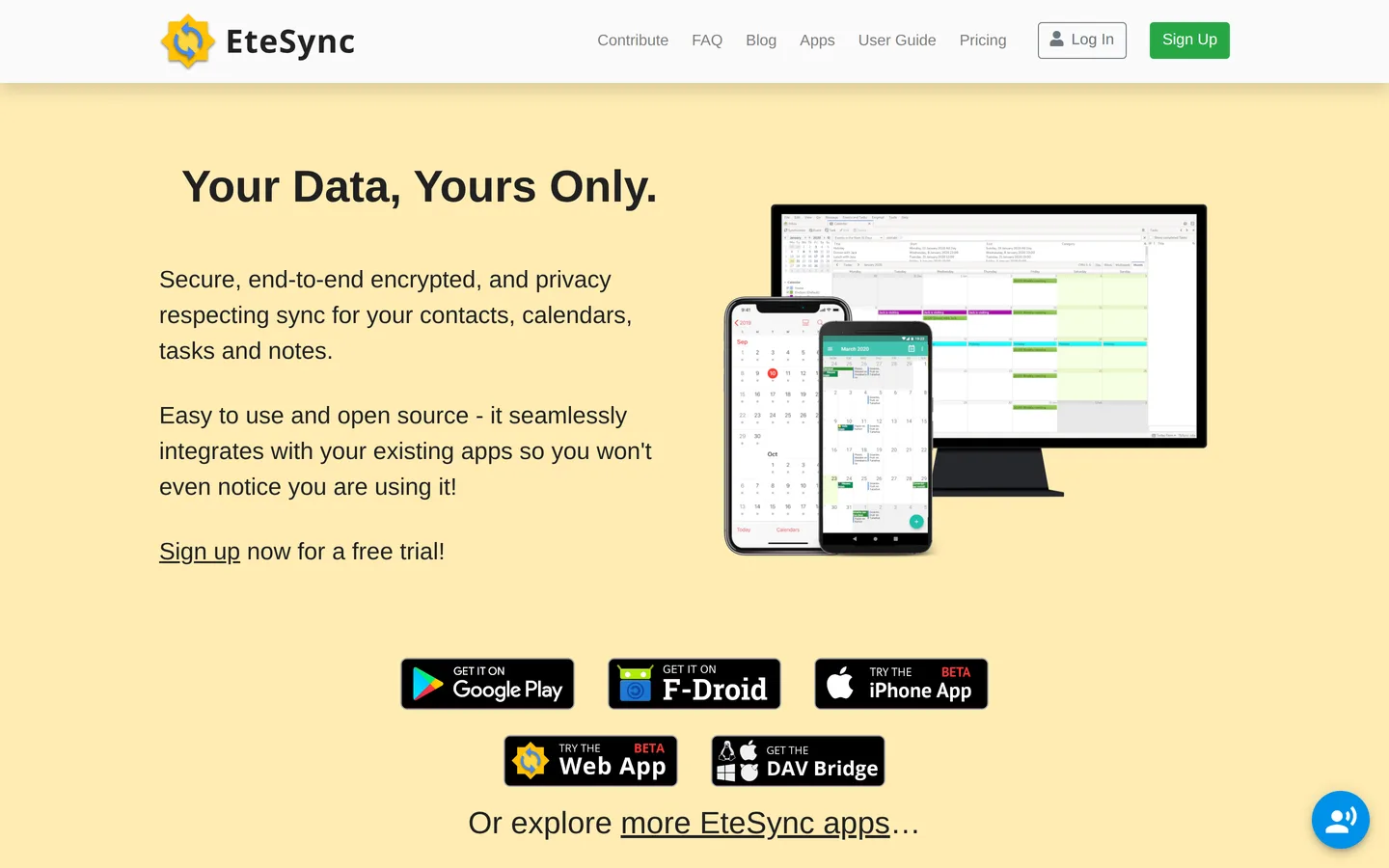 Screenshot of the EteSync website