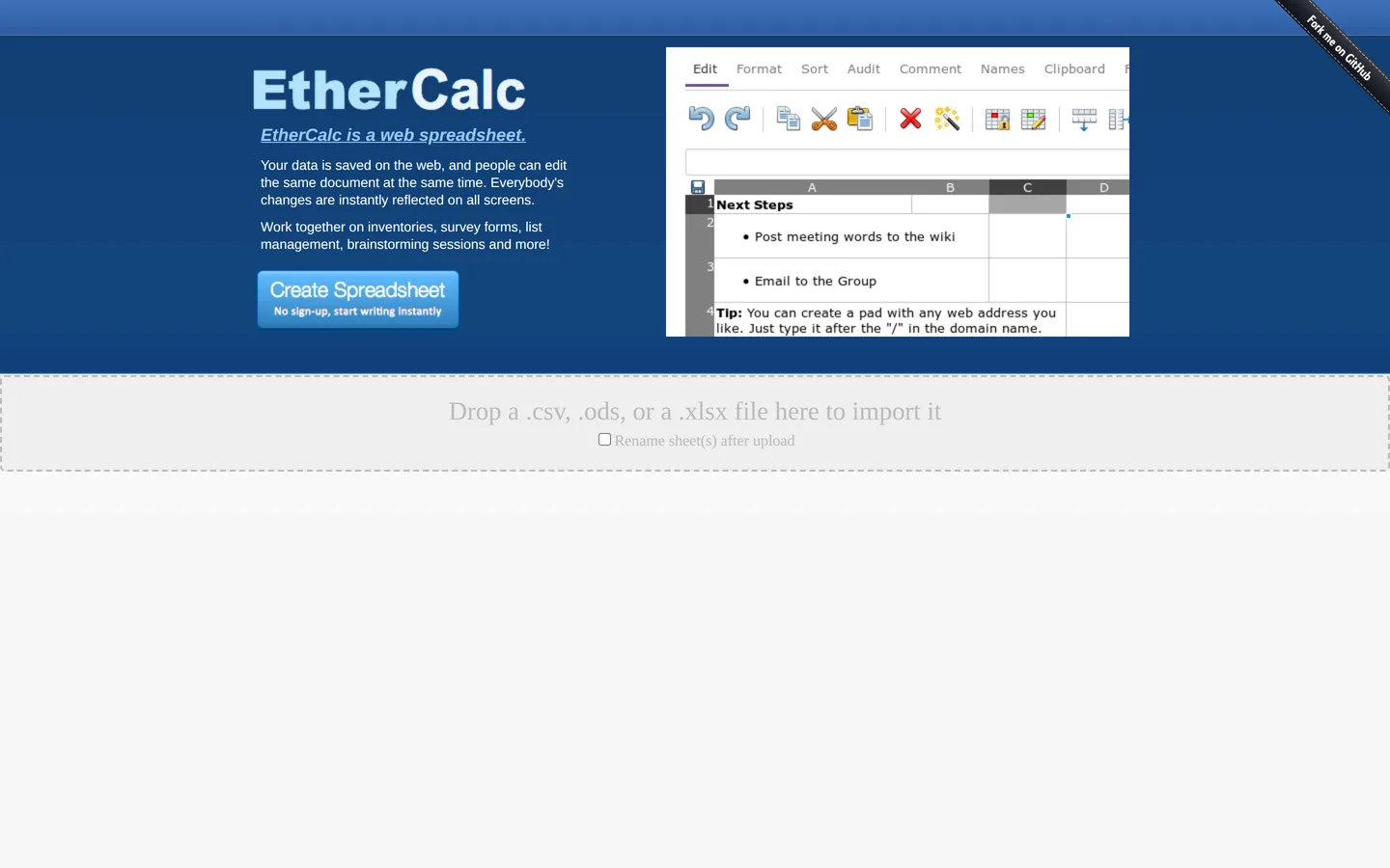 Screenshot of the EtherCalc website