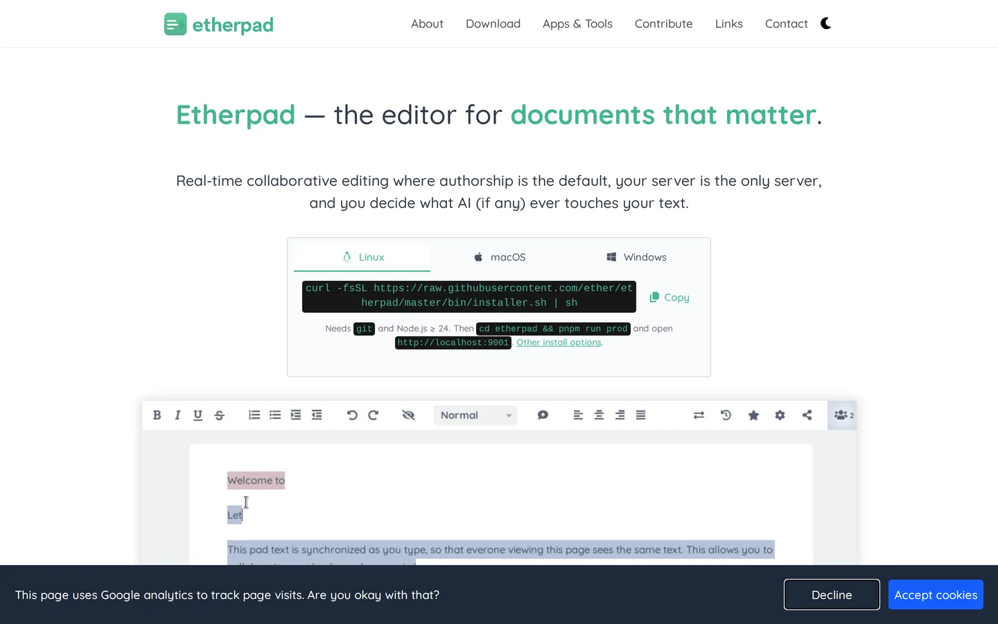 Screenshot of the Etherpad website