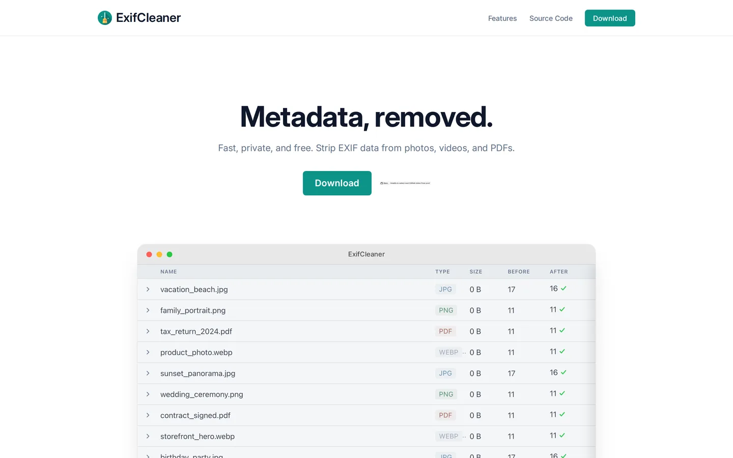 Screenshot of the ExifCleaner website