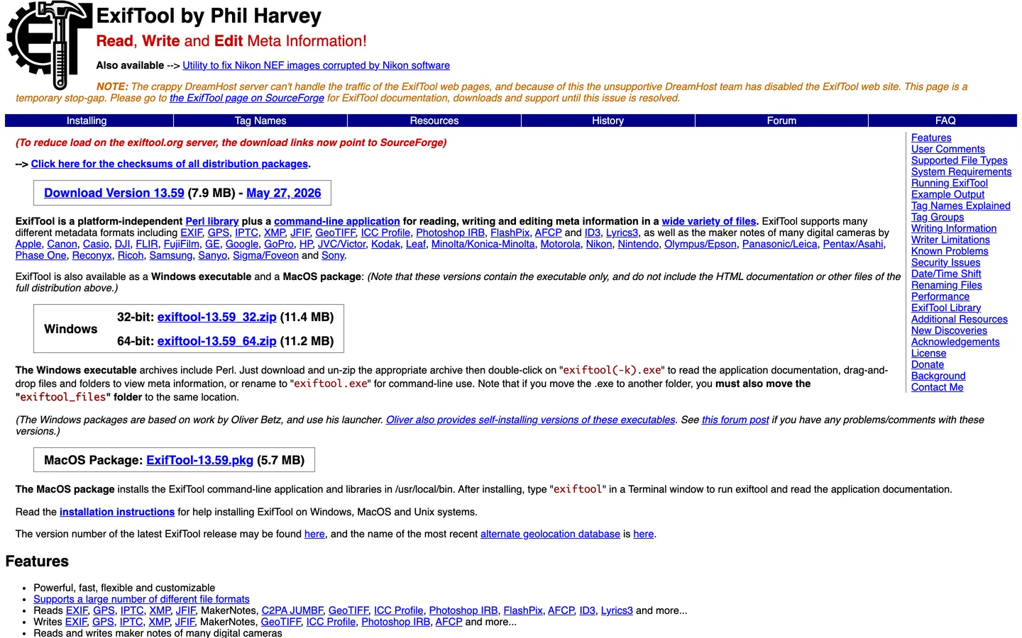 Screenshot of the ExifTool website