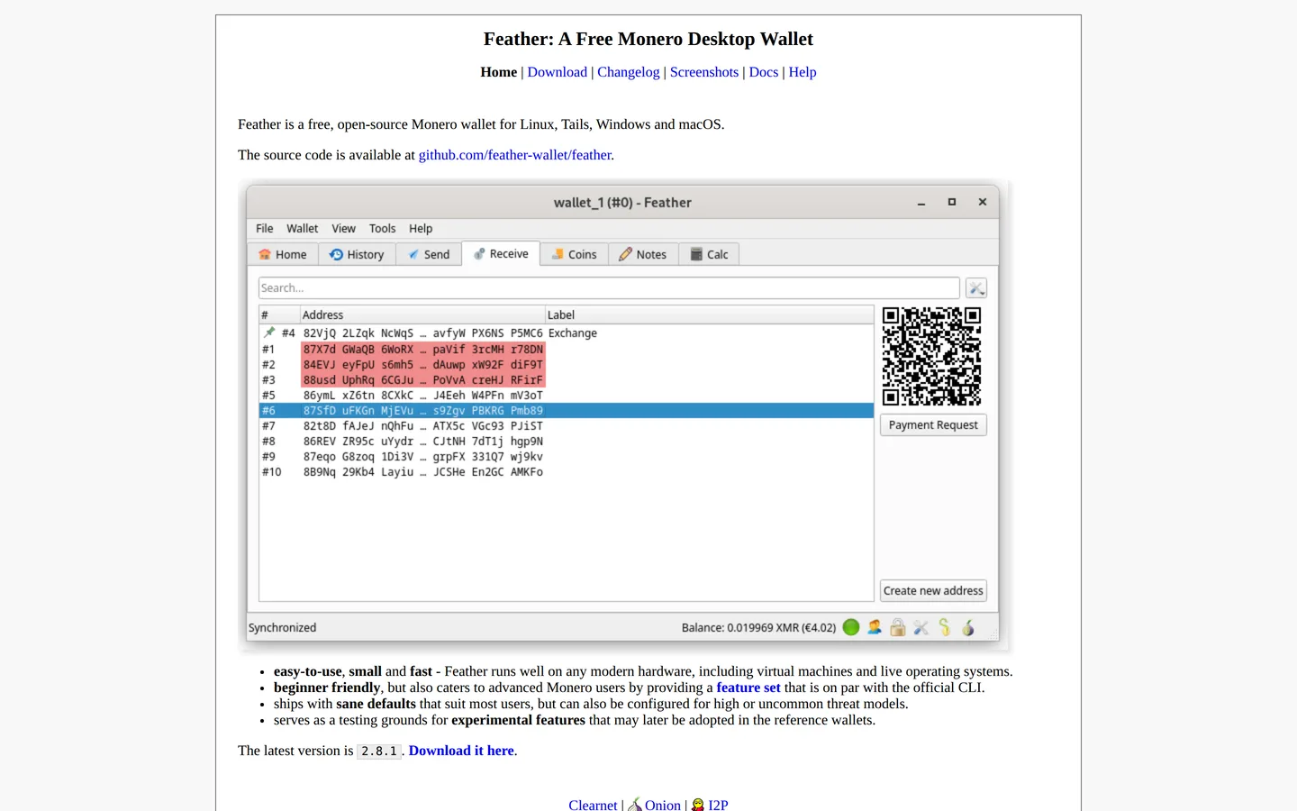 Screenshot of the Feather Wallet website