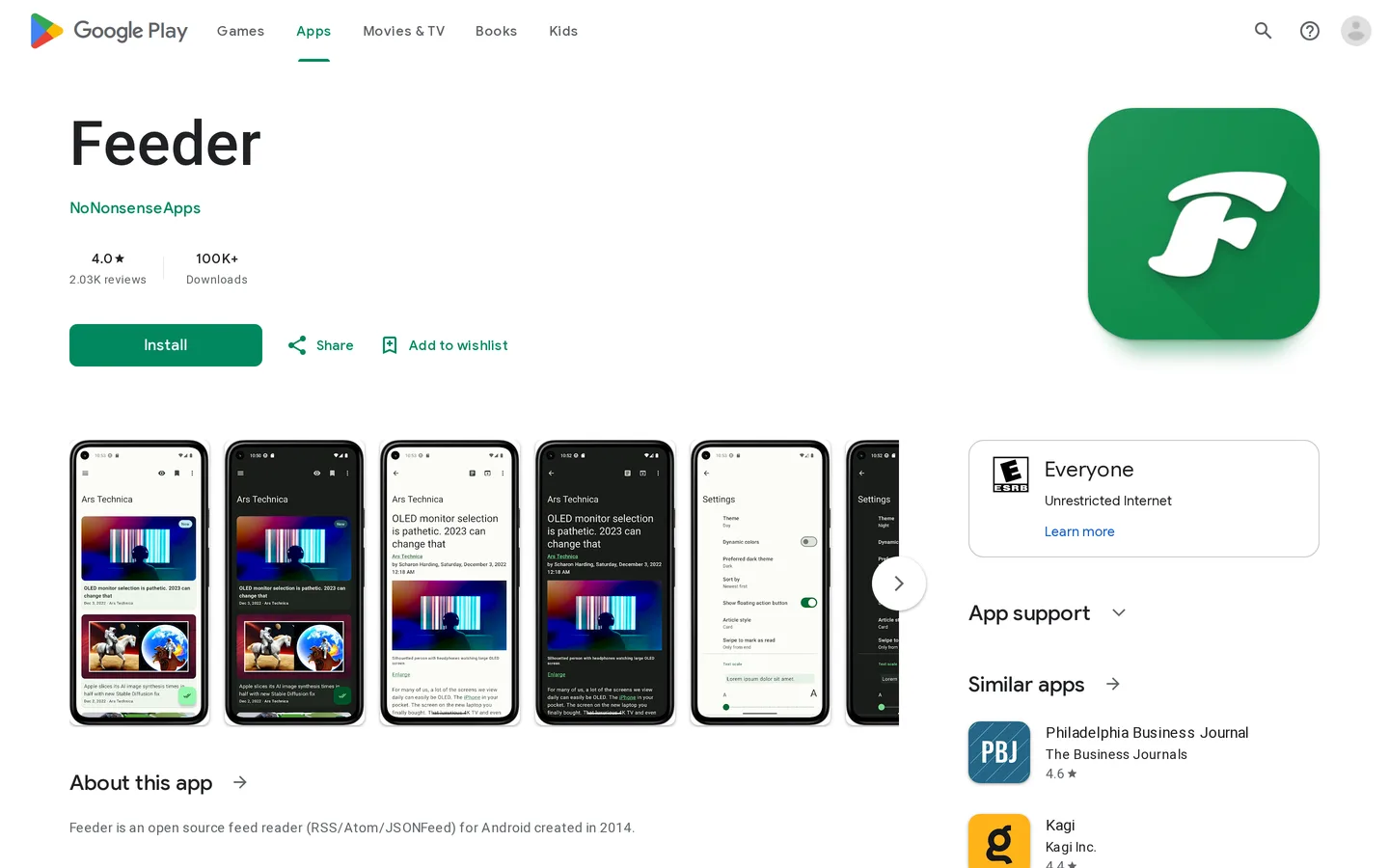 Screenshot of the Feeder website
