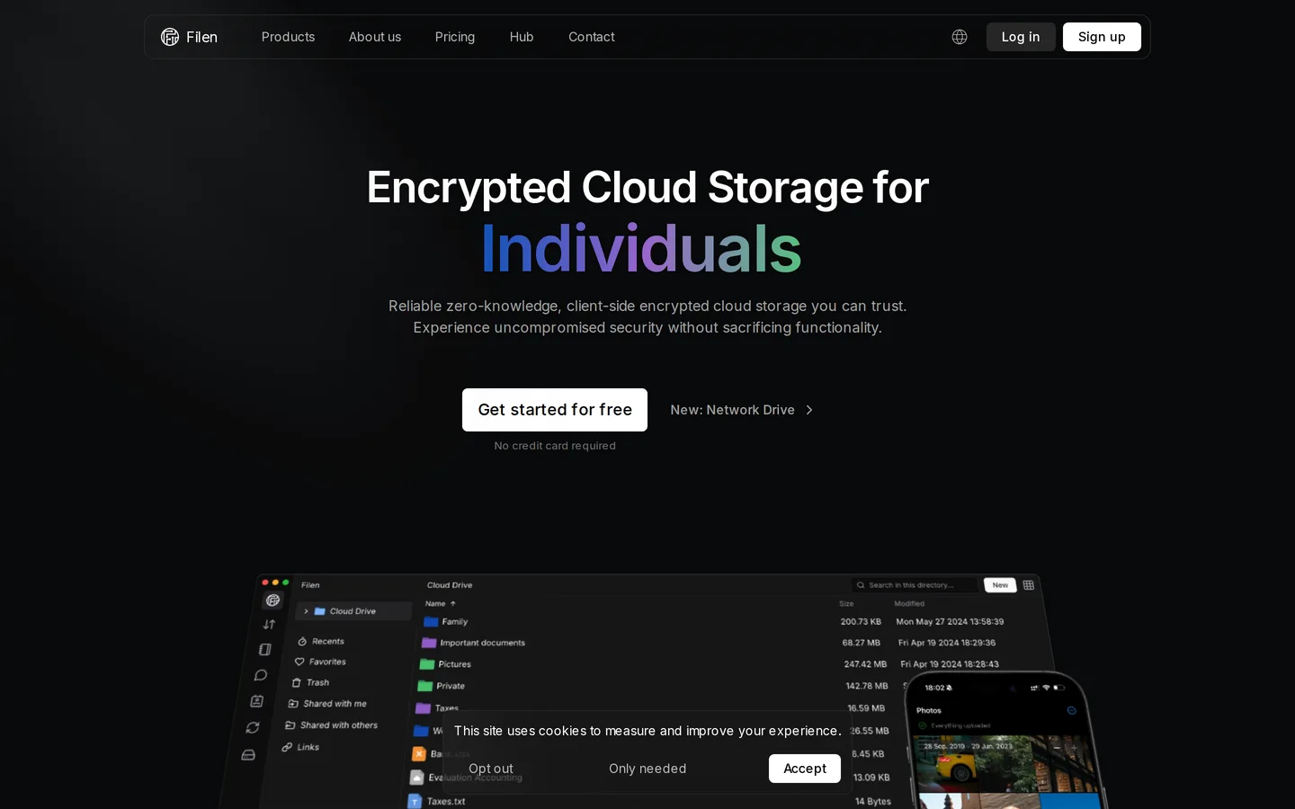 Screenshot of the Filen website