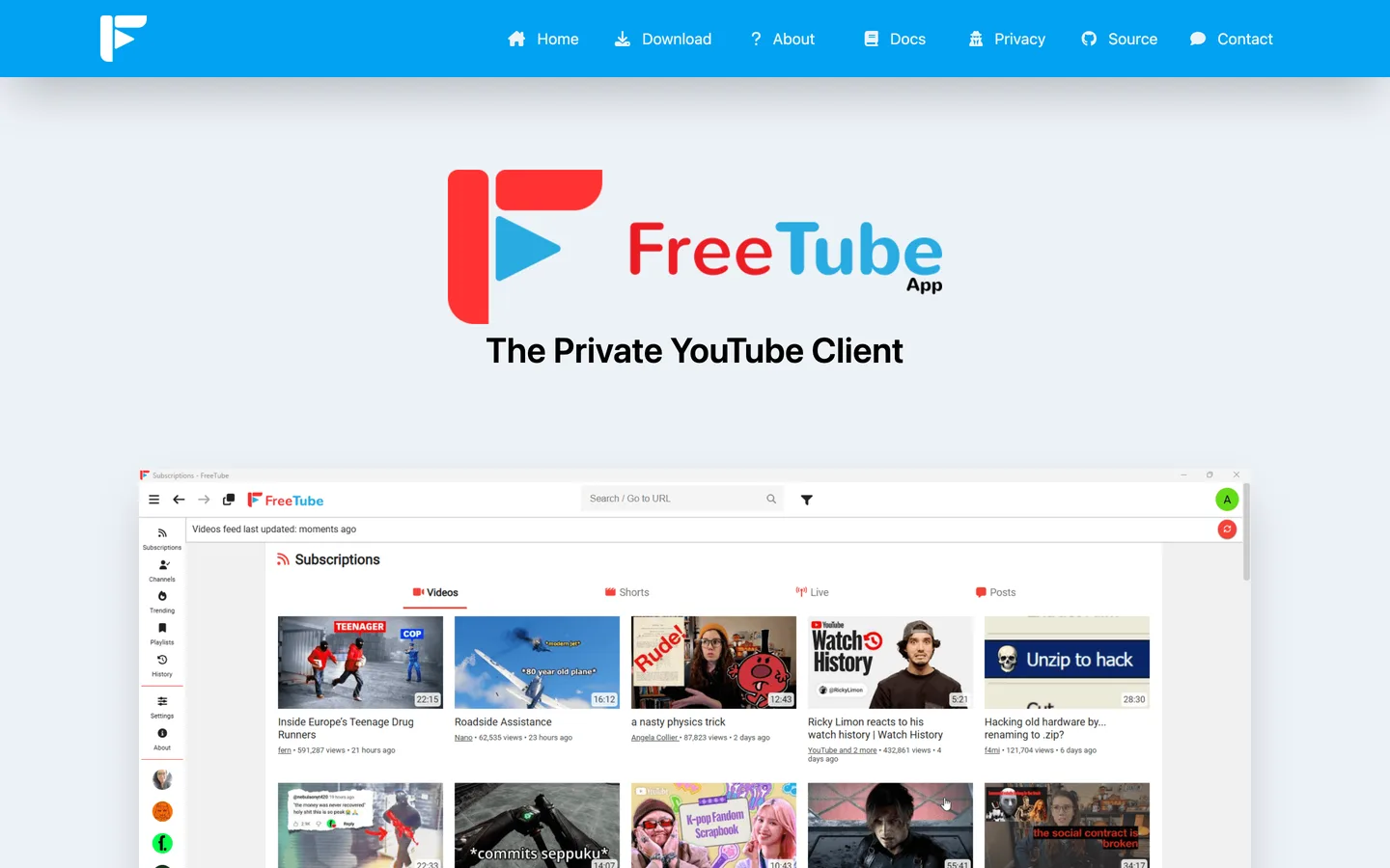 Screenshot of the FreeTube website
