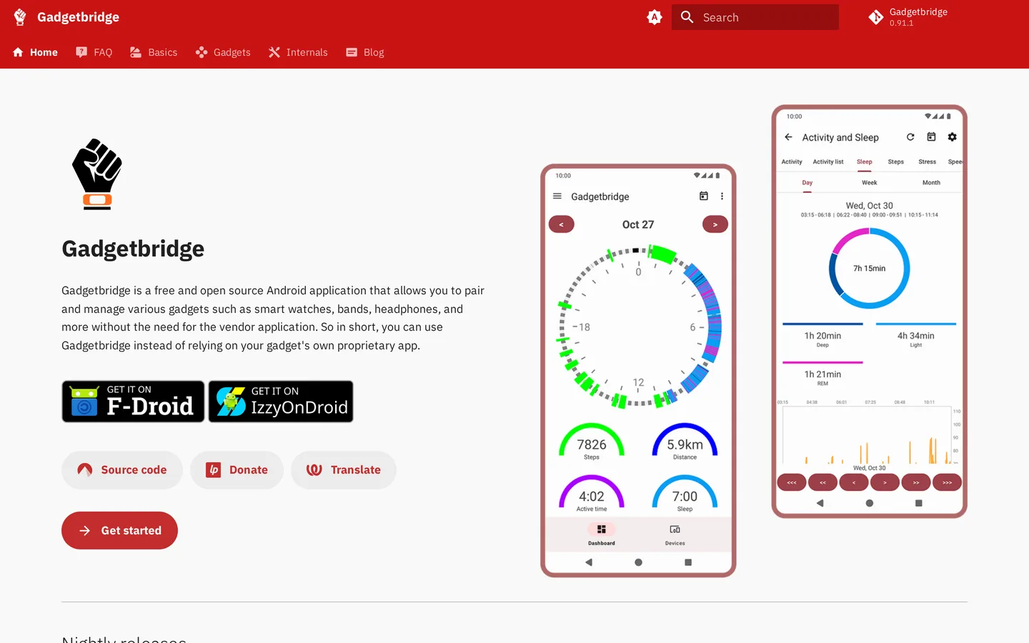 Screenshot of the Gadgetbridge website