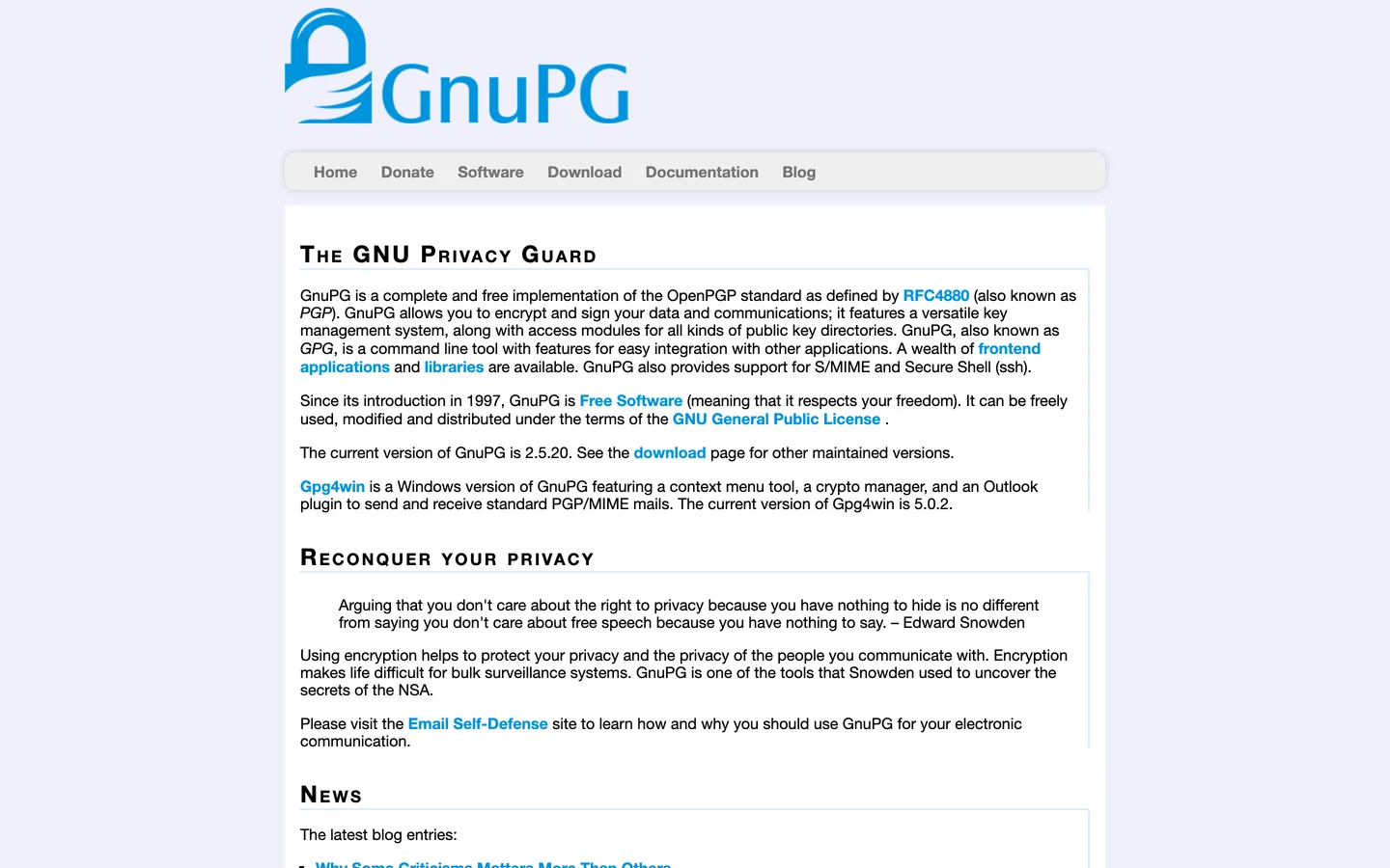 Screenshot of the GnuPG website