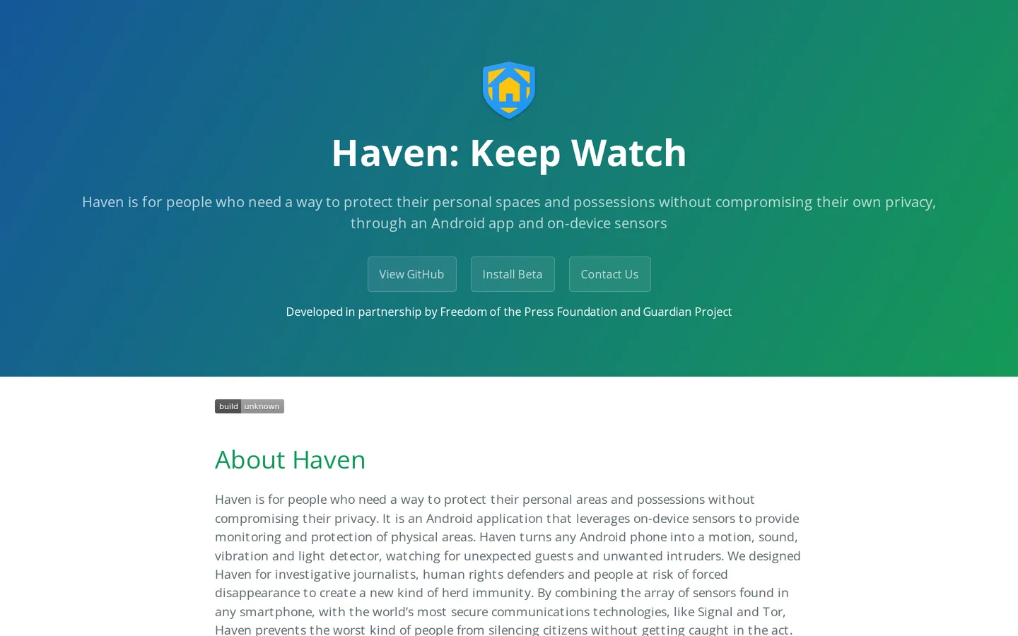 Screenshot of the Haven website