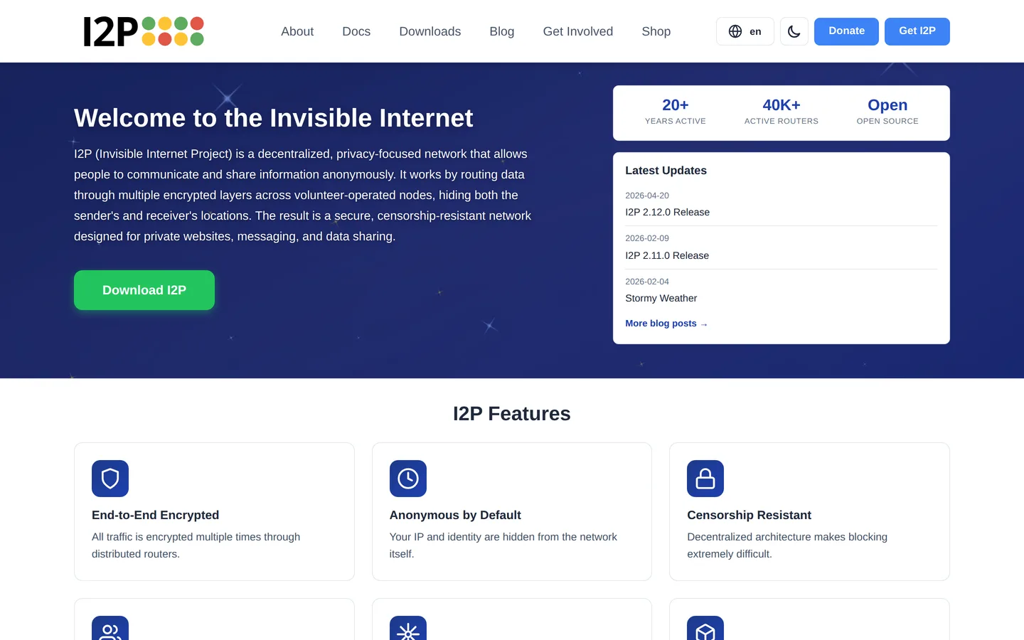 Screenshot of the I2P website