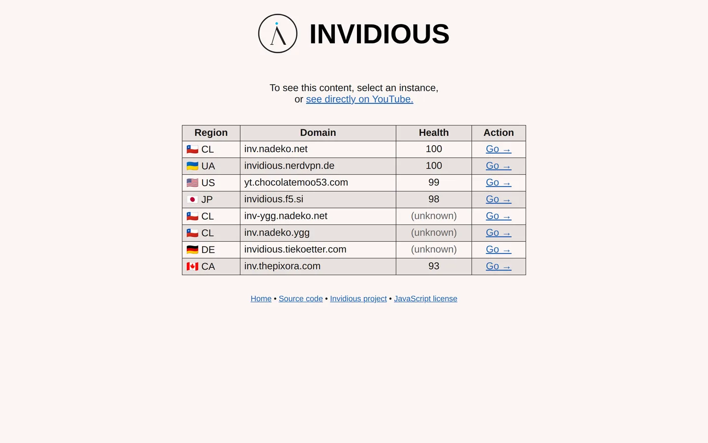 Screenshot of the Invidious website