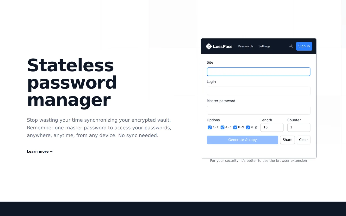 Screenshot of the LessPass website