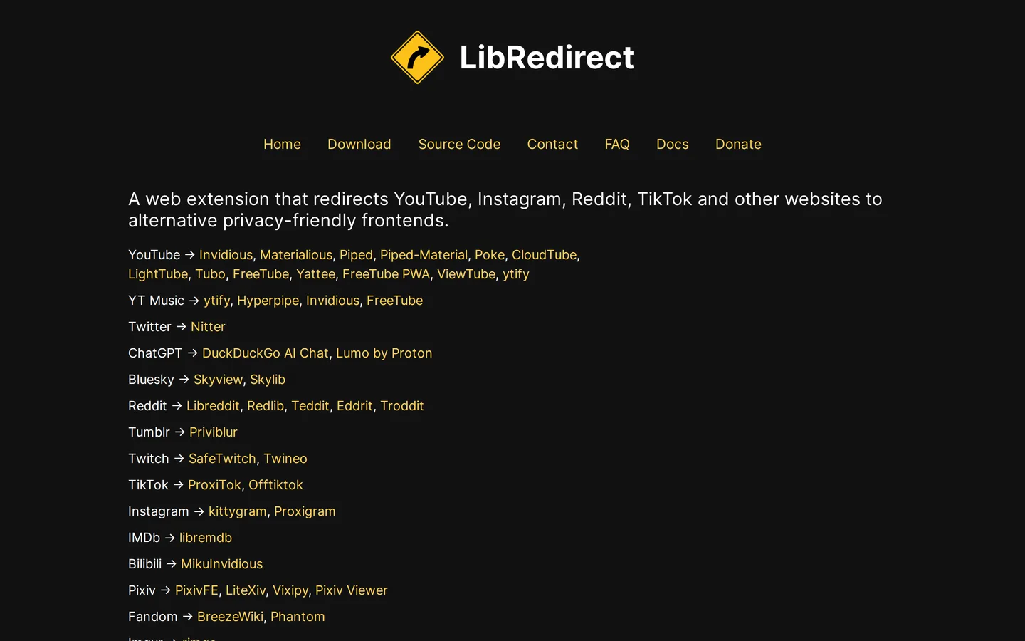 Screenshot of the LibRedirect website