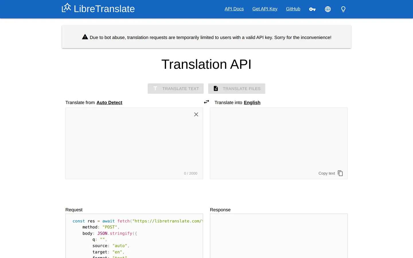 Screenshot of the LibreTranslate website