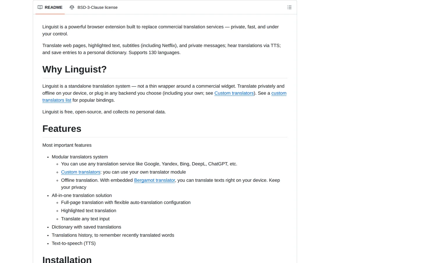 Screenshot of the Linguist website