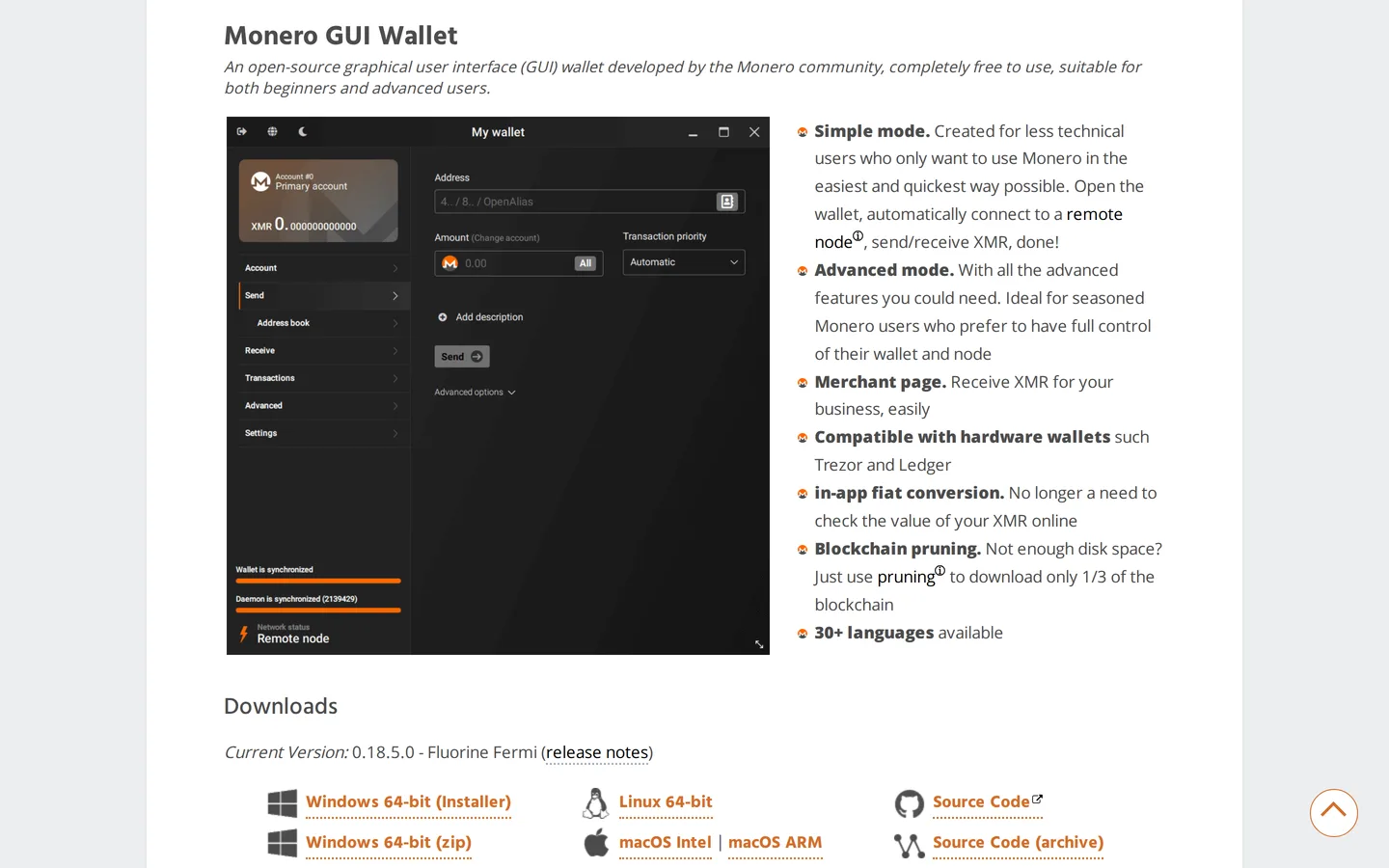 Screenshot of the Monero GUI Wallet website