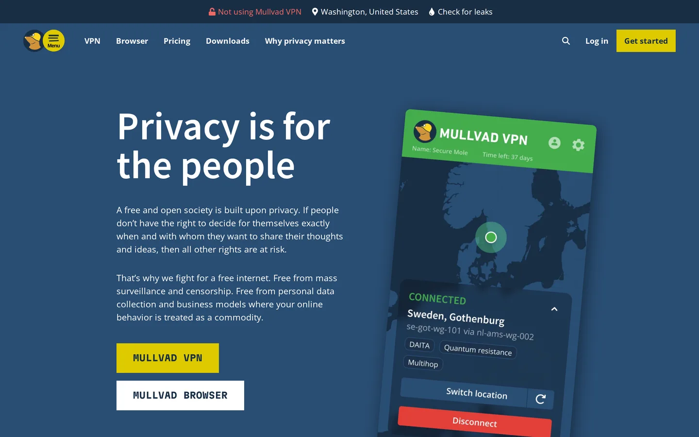 Screenshot of the Mullvad website