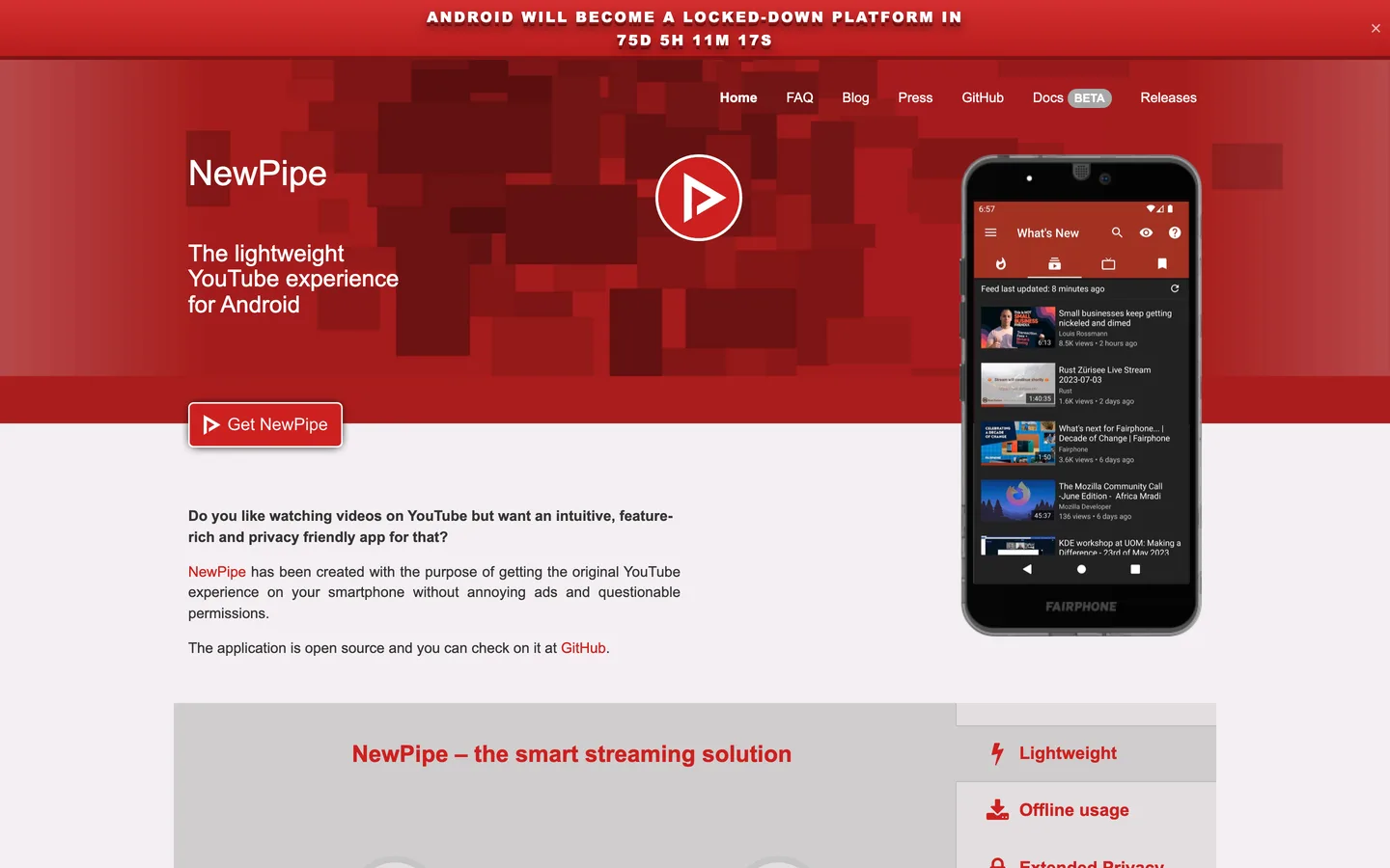 Screenshot of the NewPipe website
