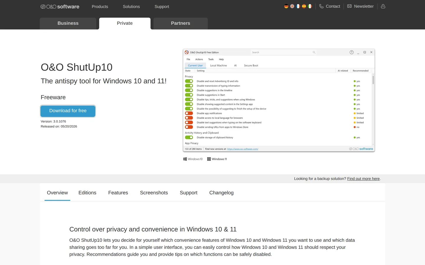 Screenshot of the O&O ShutUp10++ website