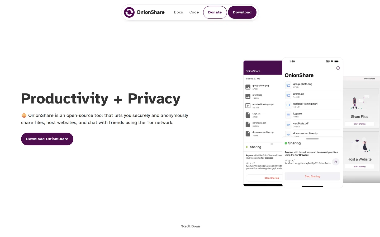 Screenshot of the OnionShare website