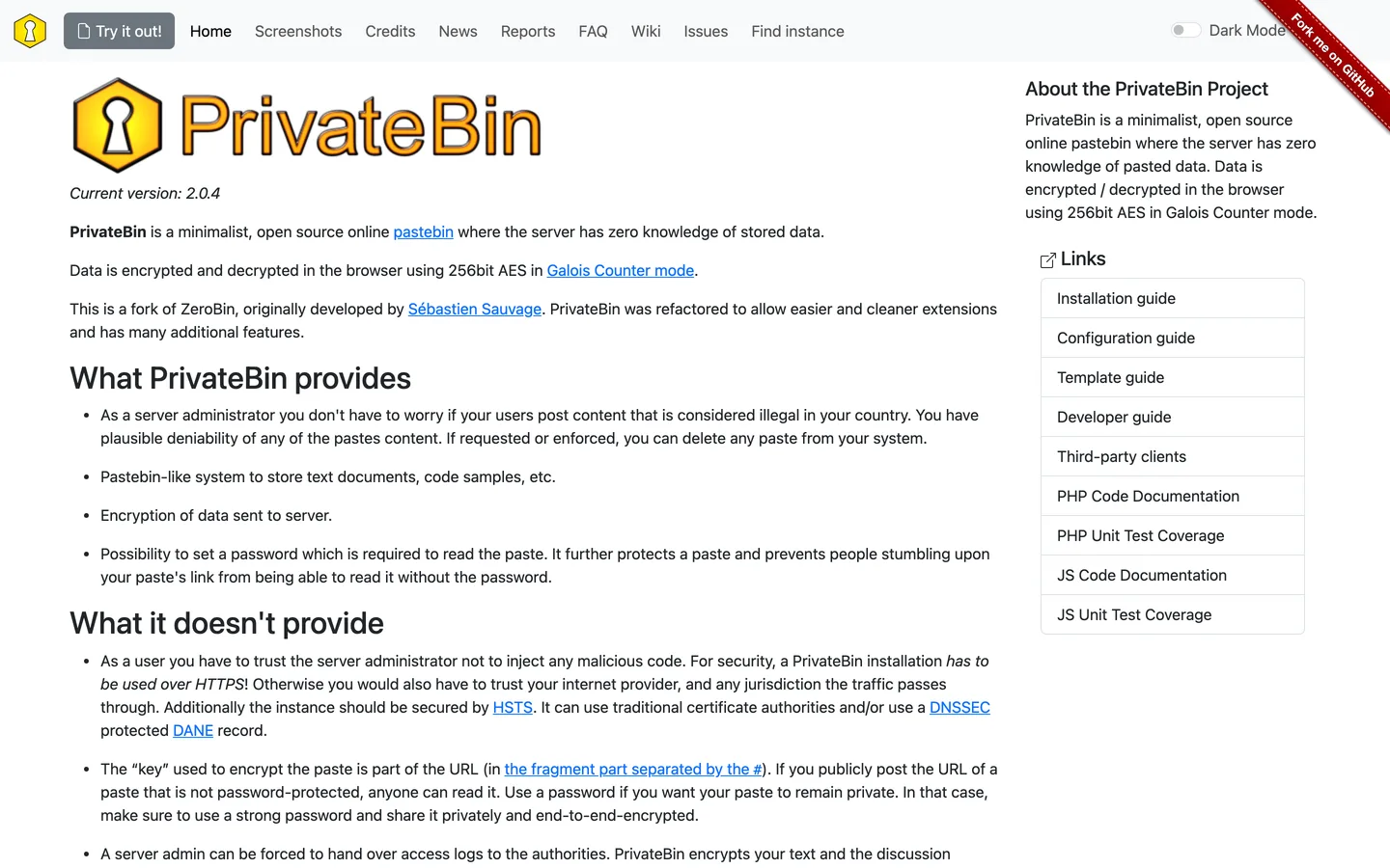 Screenshot of the PrivateBin website