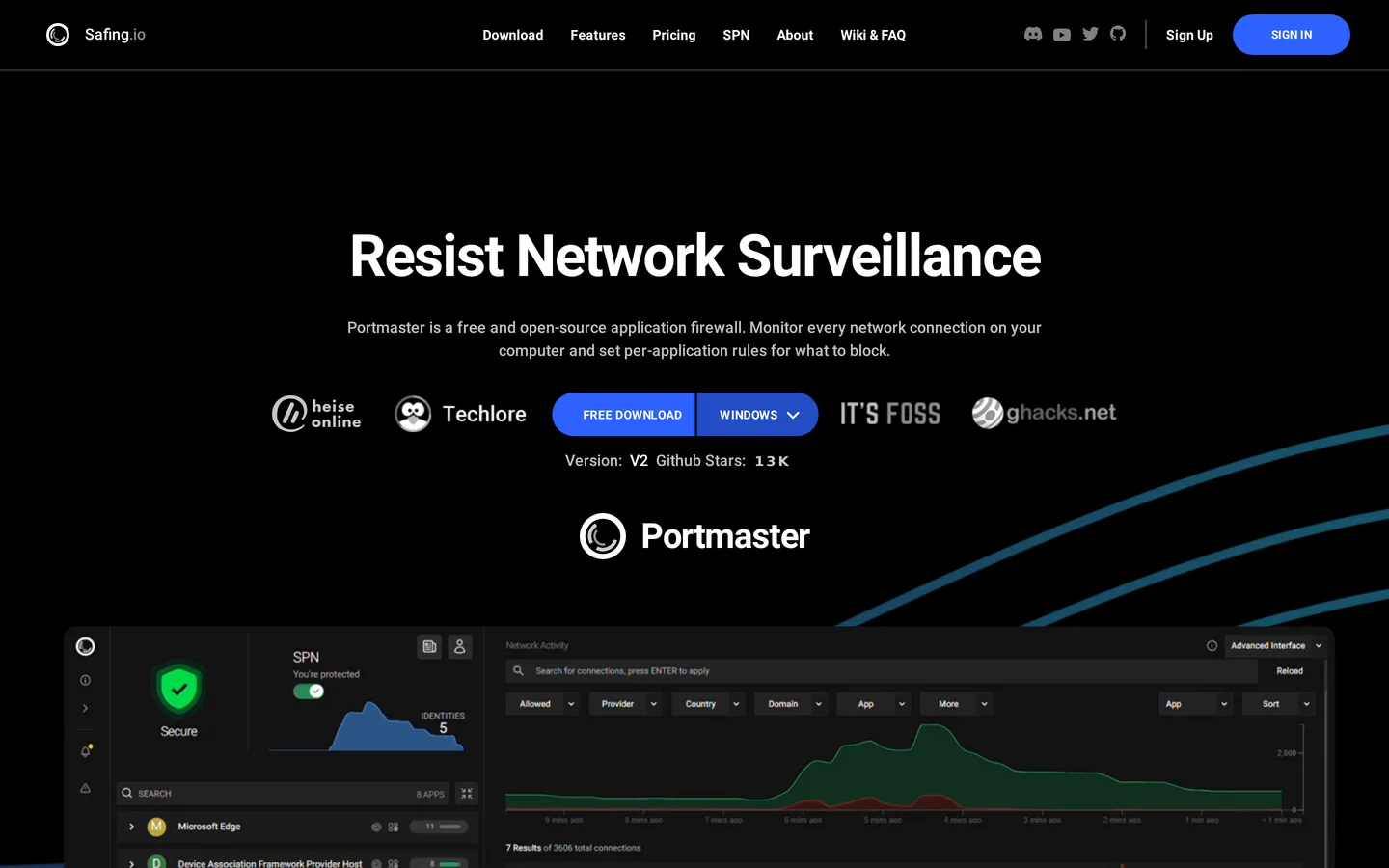 Screenshot of the Safing Portmaster website