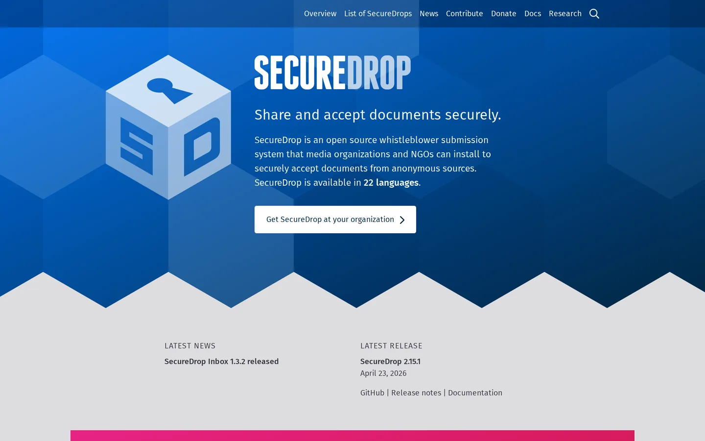 Screenshot of the SecureDrop website