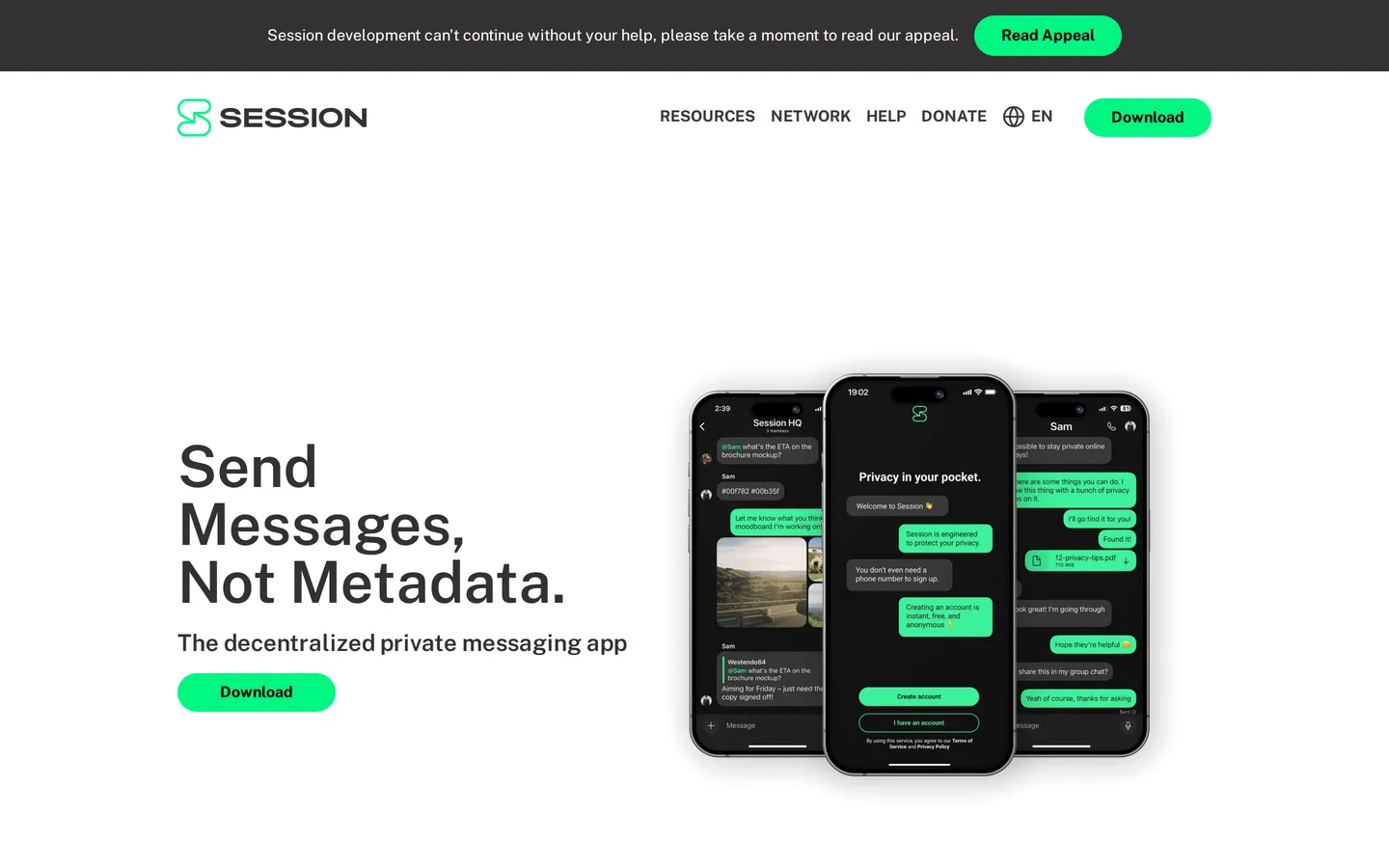 Screenshot of the Session website