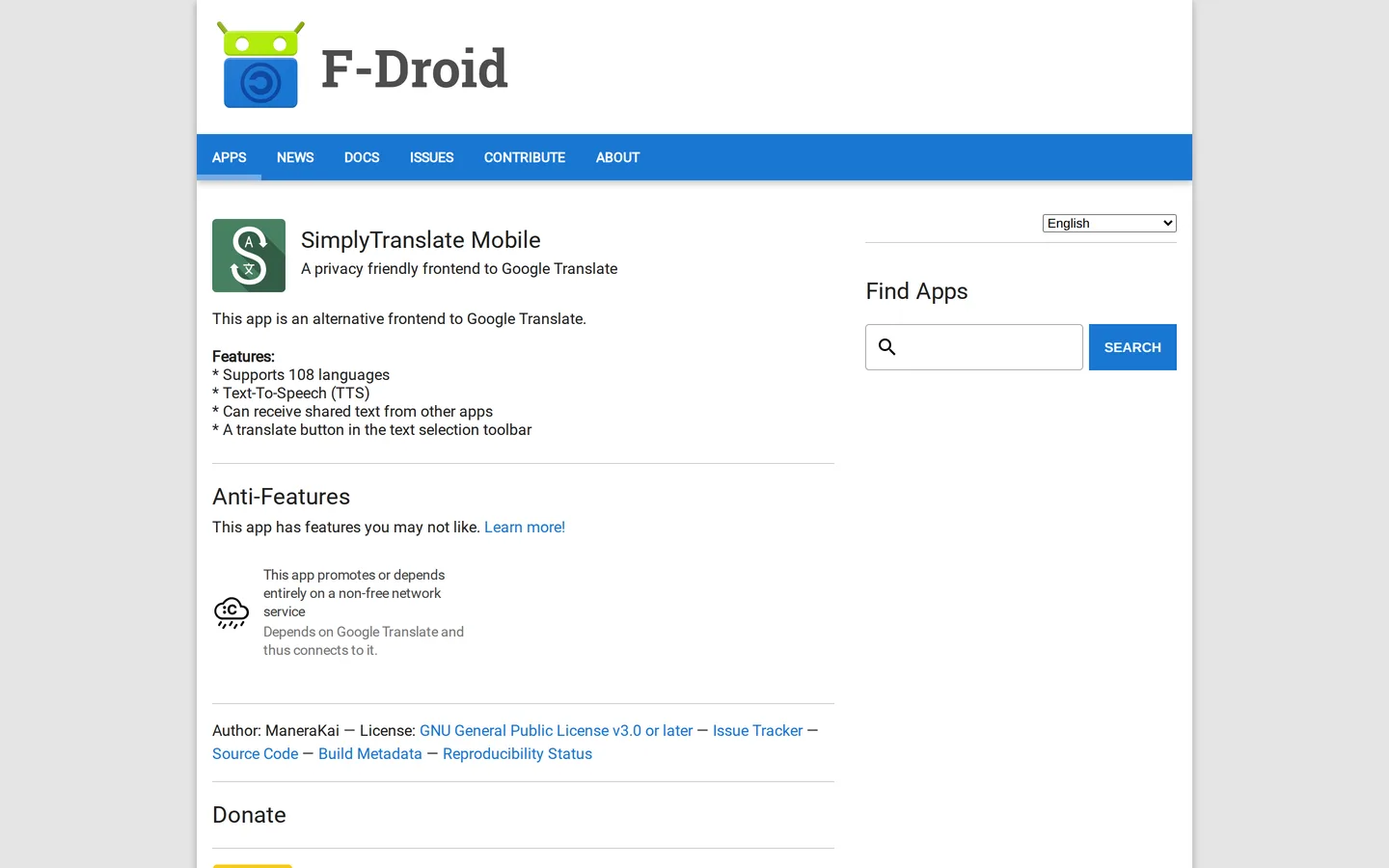 Screenshot of the SimplyTranslate Mobile website