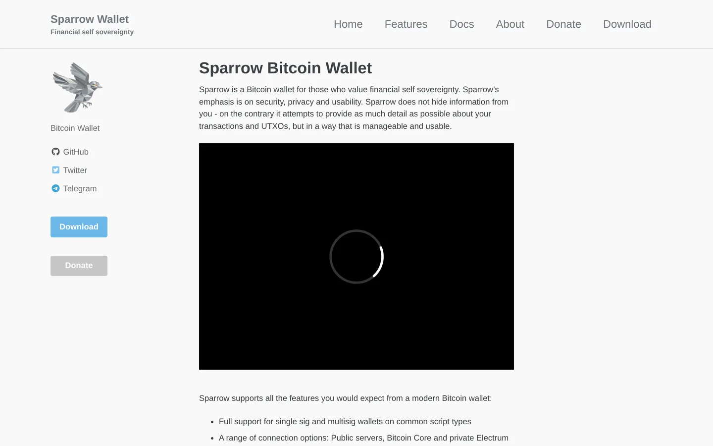 Screenshot of the Sparrow Wallet website