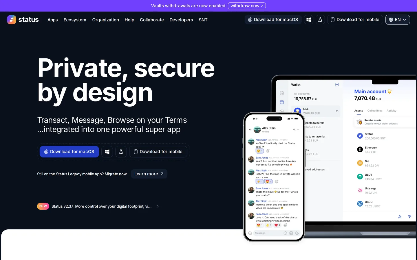 Screenshot of the Status website