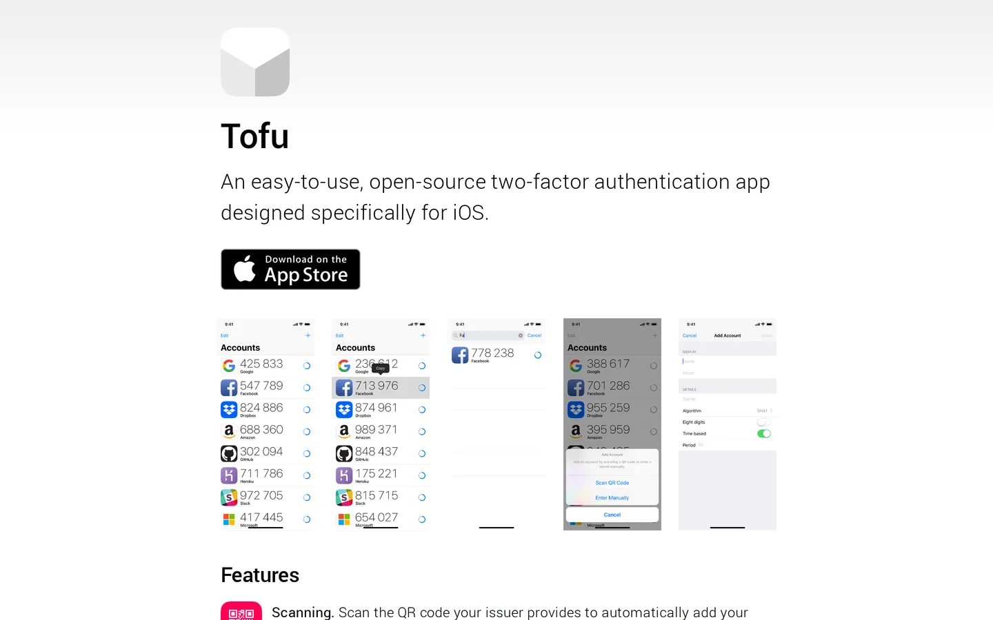 Screenshot of the Tofu website