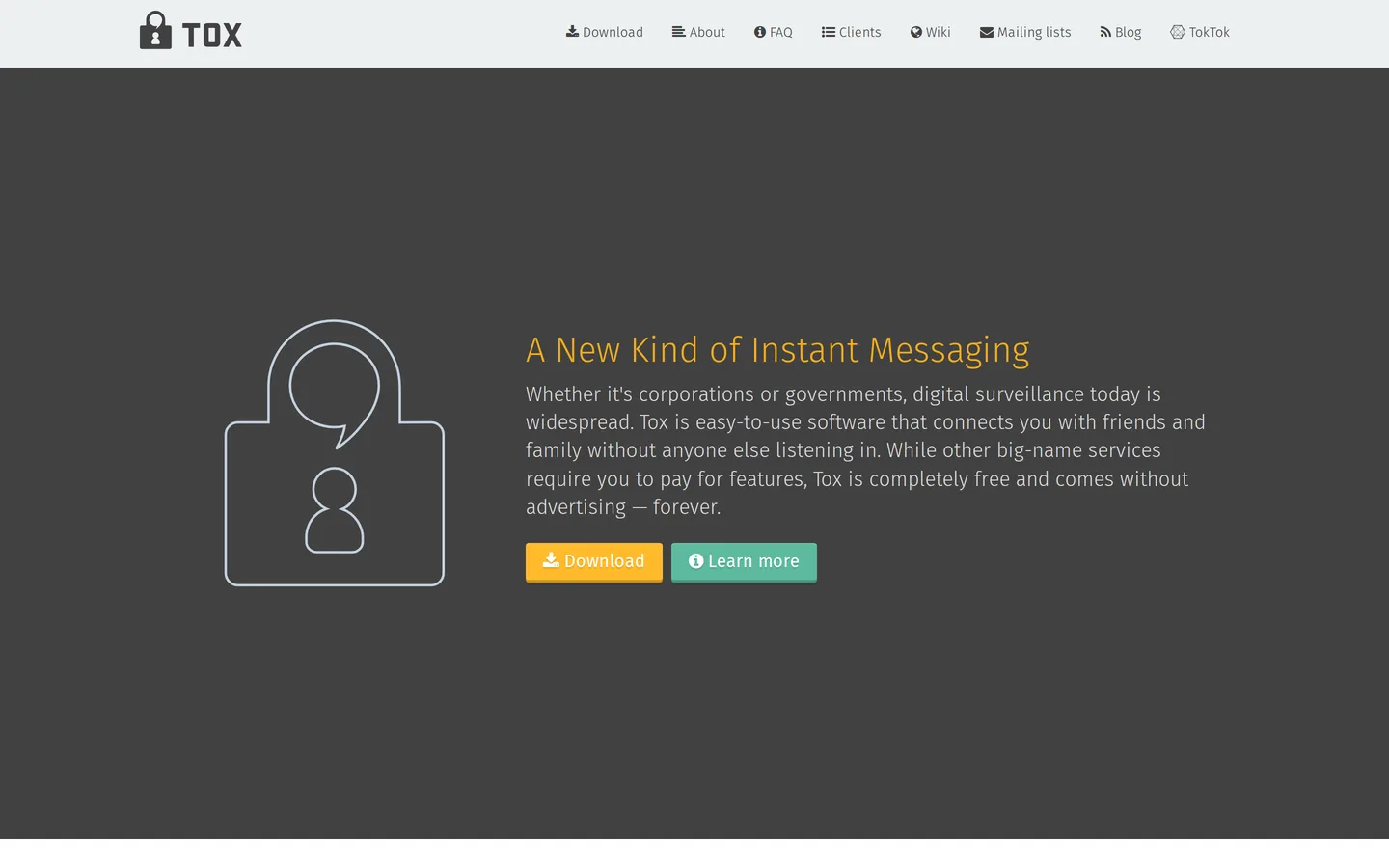 Screenshot of the Tox website