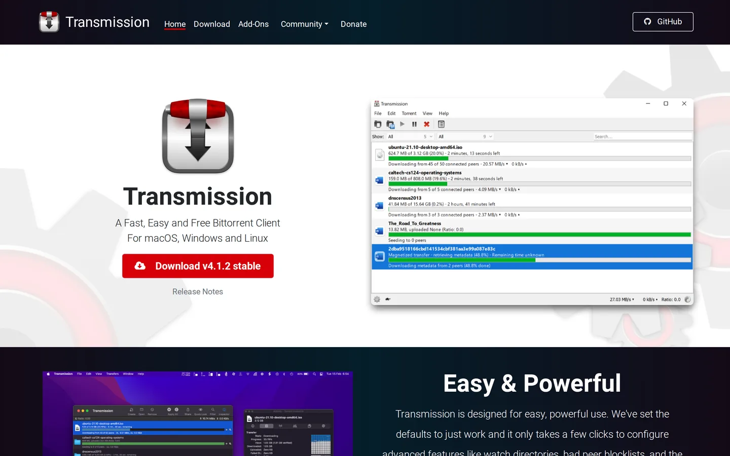 Screenshot of the Transmission website