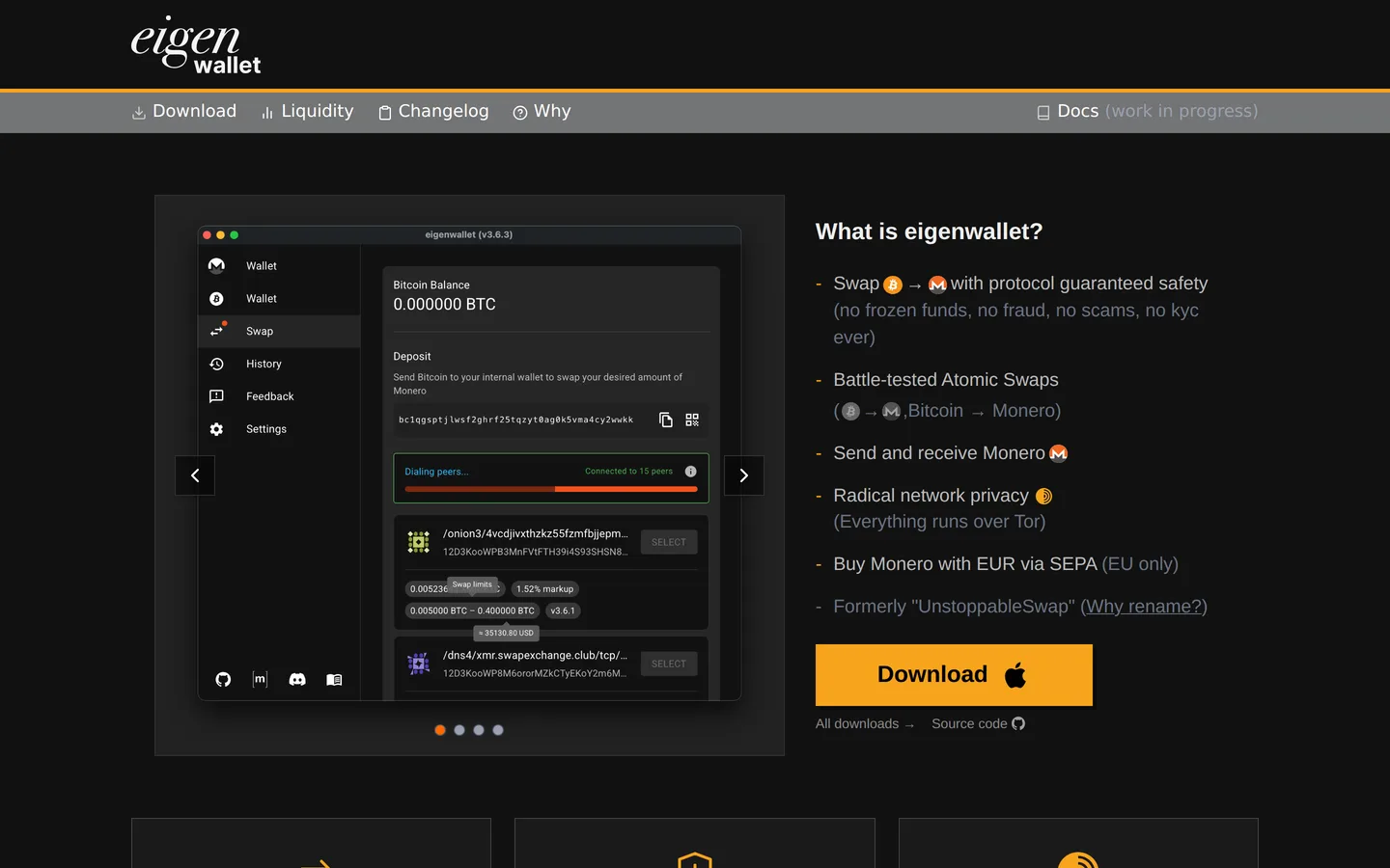 Screenshot of the eigenwallet website