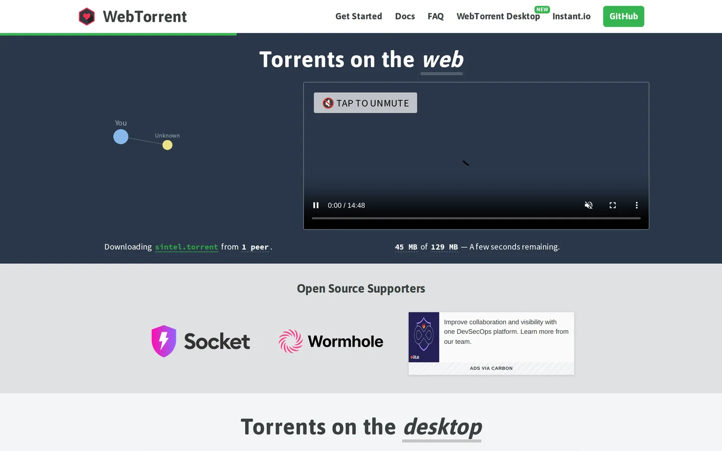 Screenshot of the WebTorrent website