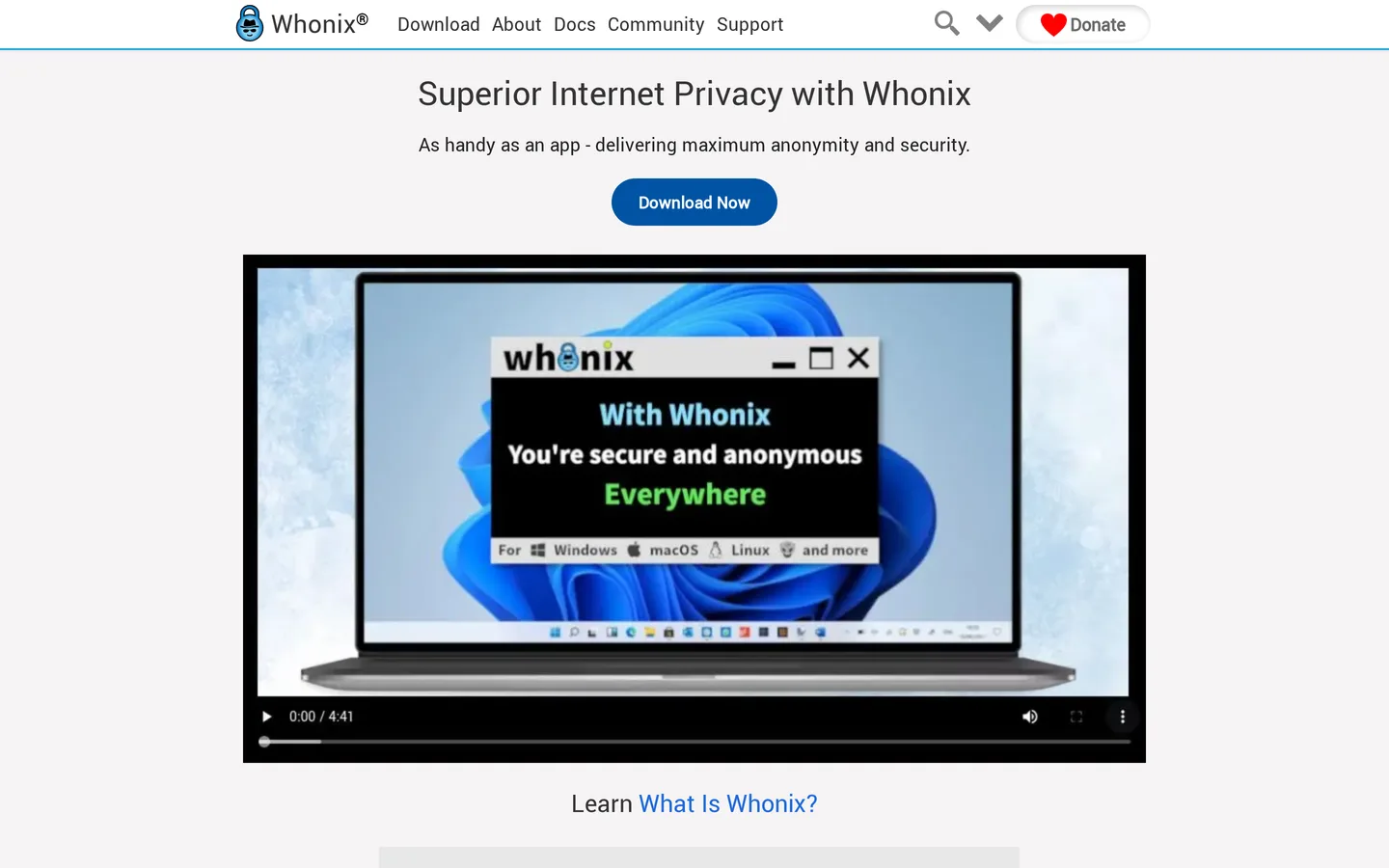 Screenshot of the Whonix website