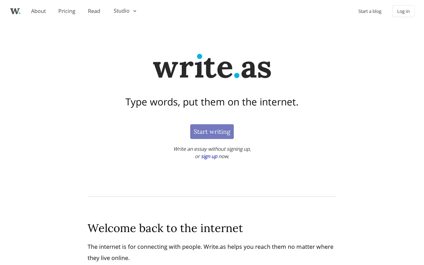 Screenshot of the Write.as website